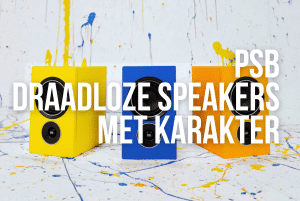 PSB draadloze speakers in geel oranje en blauw