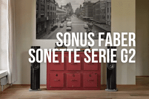 Sonus faber sonette serie G2 in het zwart met in het midden een rode kast. Hifi luidsprekers bij Overgaauw