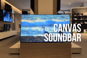 Canvas Soundbar in Overgaauw. houten soundbar met Oled TV