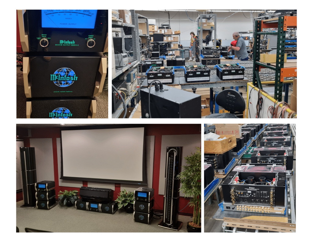 Mc Intosh versterkers, versterkers met analoge wijzers die groen oplichten, met een blauw lichtegevend merk en verder is de versterker azwart. Audio pparatuur, spekers, luidsprekers, Mc Intosh Fabriek in New York, de binnenkant van een versterker, een mc Intosh versterker, Het maak proces van het mer mc Intosh