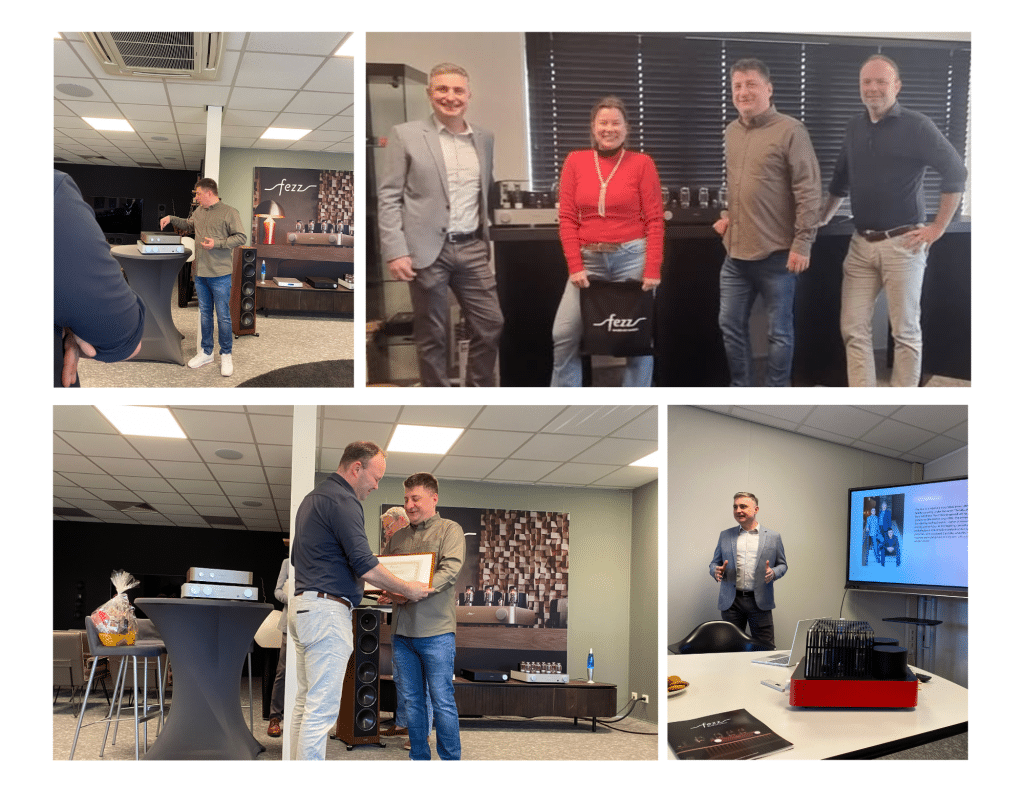 Fezz audio, Fezz, buizen, buizenversterker, rode buizenversterker met kooi, man die uitleg geeft, Presentatie, groepsfoto, audio apparatuur, DAC, Luidsprekers